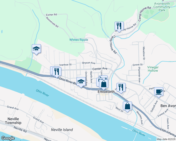 map of restaurants, bars, coffee shops, grocery stores, and more near 200 Church Avenue in Pittsburgh