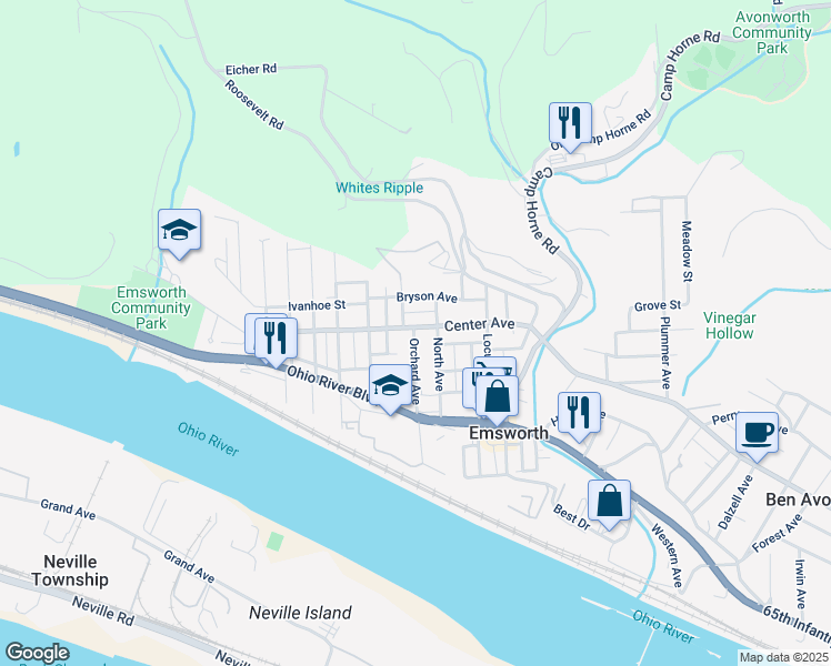 map of restaurants, bars, coffee shops, grocery stores, and more near 200 Church Avenue in Pittsburgh