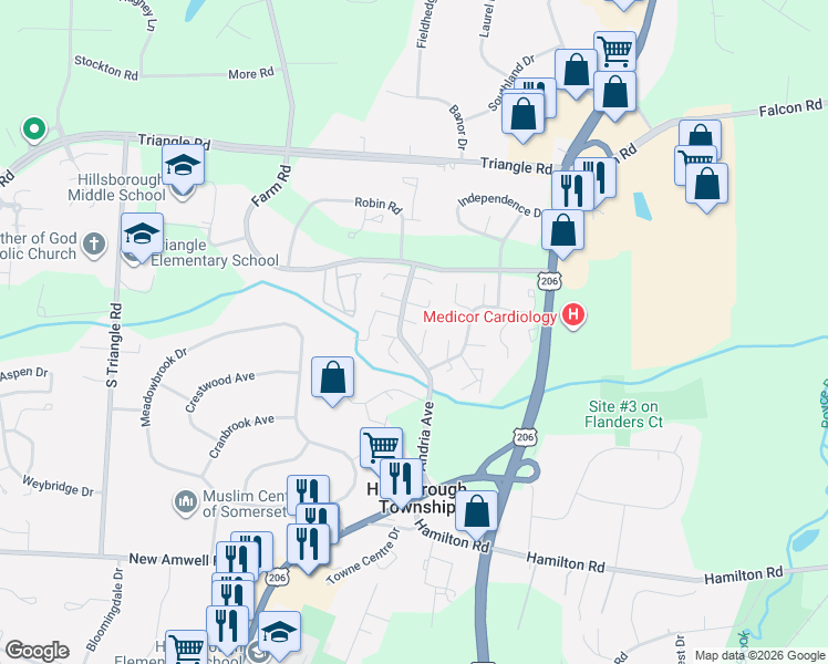 map of restaurants, bars, coffee shops, grocery stores, and more near 523 Andria Avenue in Hillsborough Township