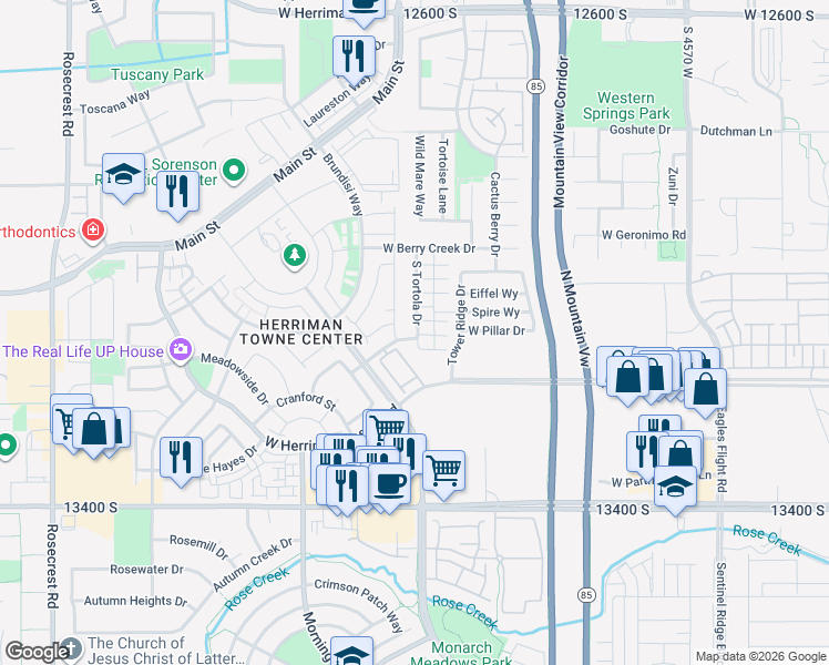 map of restaurants, bars, coffee shops, grocery stores, and more near 13092 South Tortola Drive in Herriman