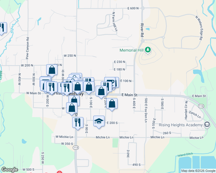 map of restaurants, bars, coffee shops, grocery stores, and more near 85 North 200 East in Midway
