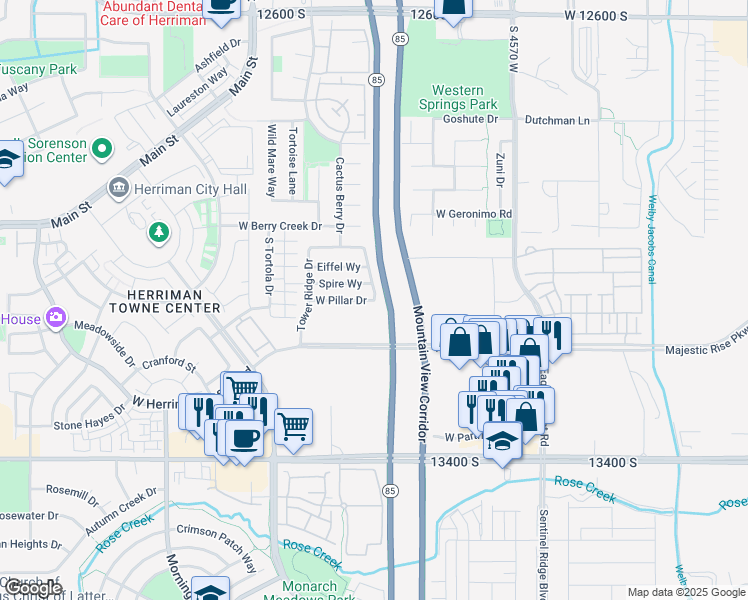 map of restaurants, bars, coffee shops, grocery stores, and more near West Pillar Drive in Herriman
