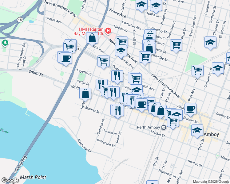 map of restaurants, bars, coffee shops, grocery stores, and more near 322 Mcguire Place in Perth Amboy