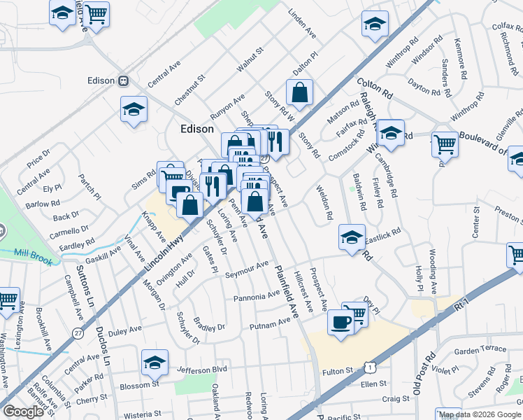 map of restaurants, bars, coffee shops, grocery stores, and more near 252 Plainfield Avenue in Edison