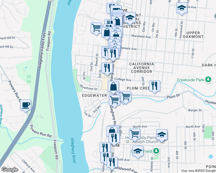 map of restaurants, bars, coffee shops, grocery stores, and more near 27 Allegheny Avenue in Oakmont