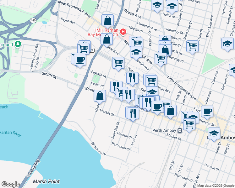 map of restaurants, bars, coffee shops, grocery stores, and more near 331 Kirkland Place in Perth Amboy
