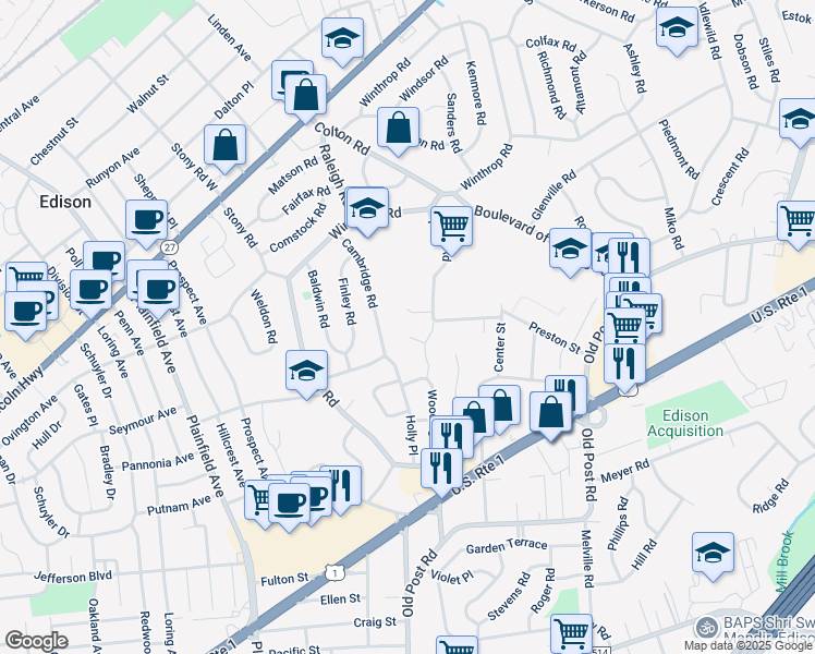 map of restaurants, bars, coffee shops, grocery stores, and more near 4 Brida Court in Edison