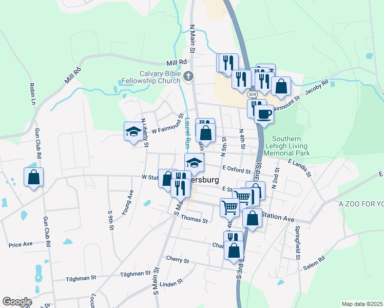 map of restaurants, bars, coffee shops, grocery stores, and more near 208 North Main Street in Coopersburg