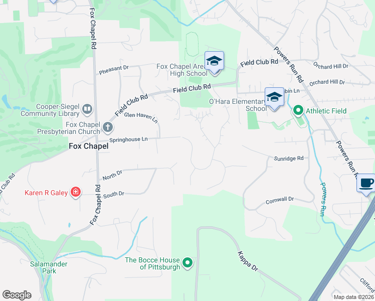 map of restaurants, bars, coffee shops, grocery stores, and more near 227 Springhouse Lane in Pittsburgh