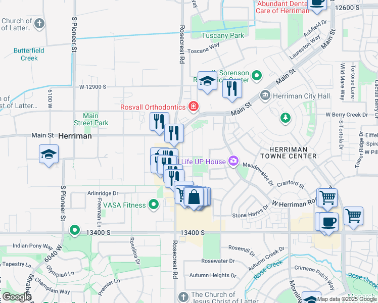 map of restaurants, bars, coffee shops, grocery stores, and more near 13166 Woods Park Drive in Herriman