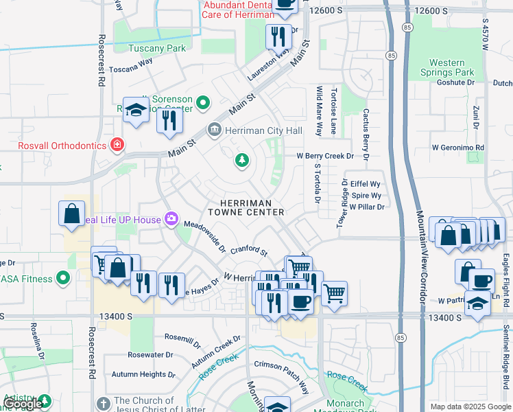 map of restaurants, bars, coffee shops, grocery stores, and more near Newbridge Lane in Herriman