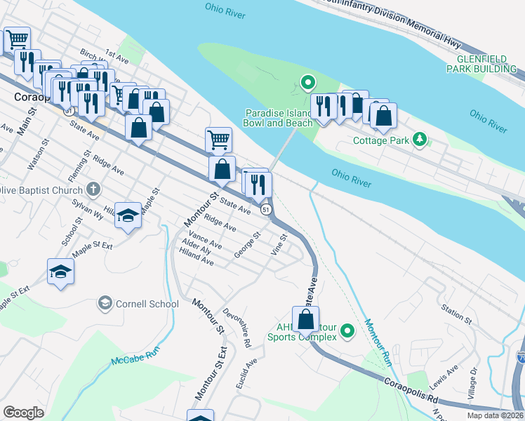 map of restaurants, bars, coffee shops, grocery stores, and more near 413 Barn Street in Coraopolis