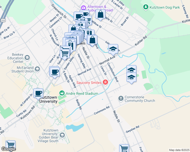 map of restaurants, bars, coffee shops, grocery stores, and more near 230 Noble Street in Kutztown