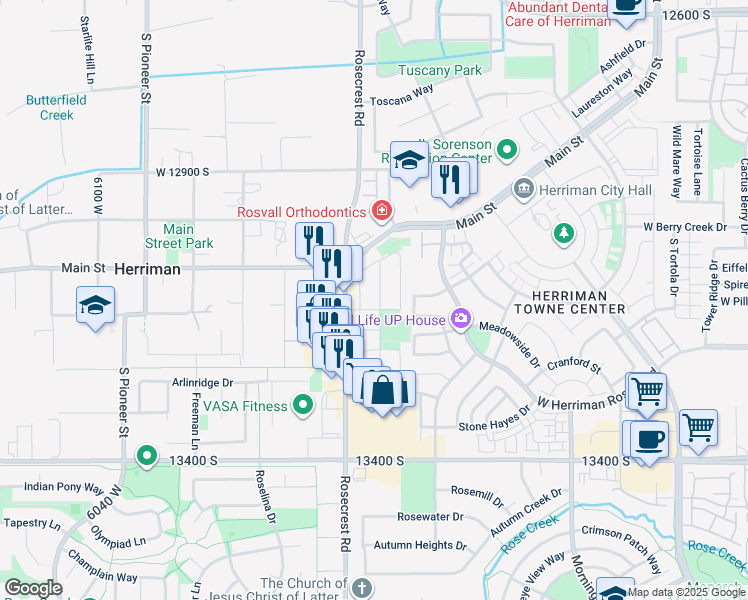 map of restaurants, bars, coffee shops, grocery stores, and more near 13166 Woods Park Drive in Herriman