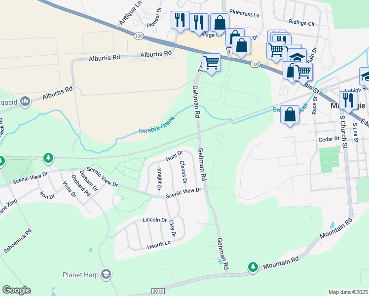 map of restaurants, bars, coffee shops, grocery stores, and more near 6909 Hunt Drive in Macungie