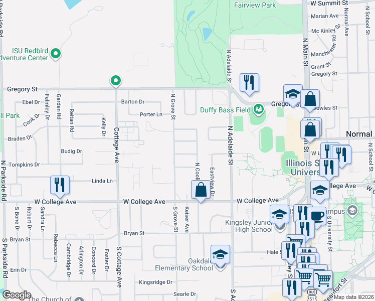 map of restaurants, bars, coffee shops, grocery stores, and more near 905 Randall Drive in Normal