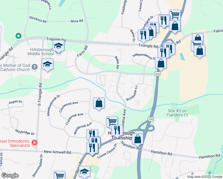 map of restaurants, bars, coffee shops, grocery stores, and more near 534 Andria Avenue in Hillsborough Township
