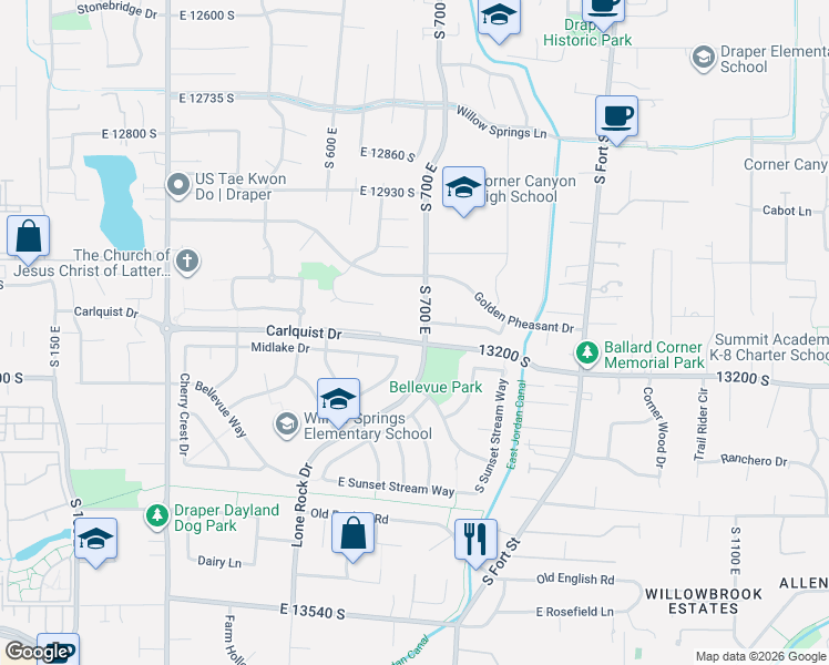 map of restaurants, bars, coffee shops, grocery stores, and more near 699 East Carlquist Drive in Draper