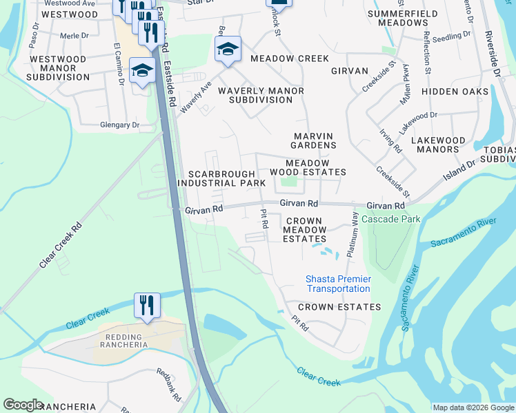 map of restaurants, bars, coffee shops, grocery stores, and more near 2525 Girvan Road in Redding