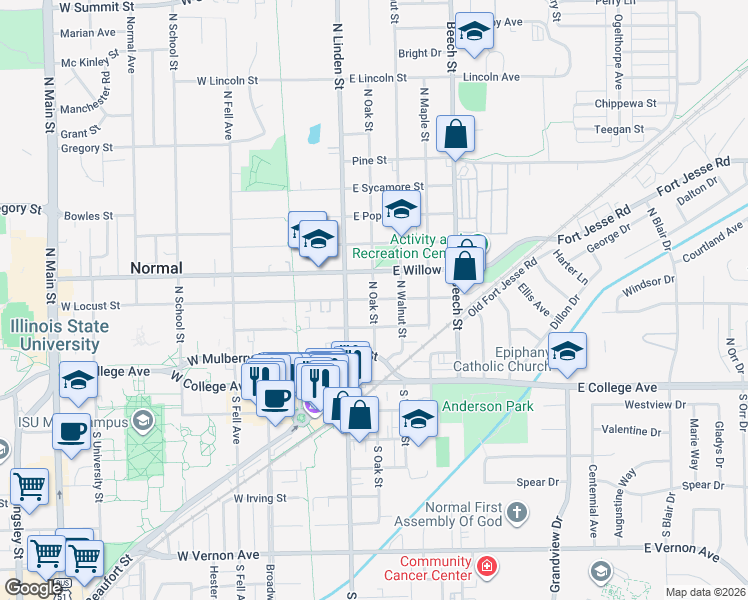 map of restaurants, bars, coffee shops, grocery stores, and more near 399 North Oak Street in Normal