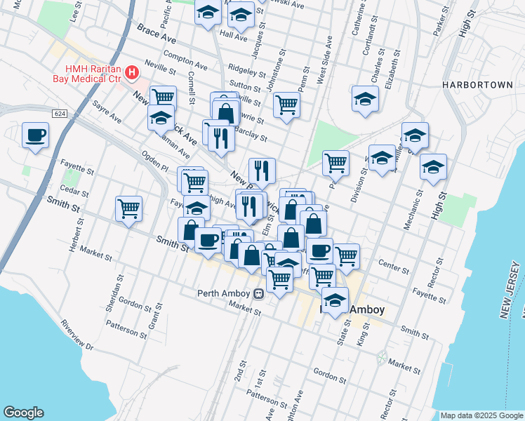 map of restaurants, bars, coffee shops, grocery stores, and more near 375 Oak Street in Perth Amboy