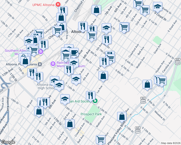 map of restaurants, bars, coffee shops, grocery stores, and more near 1000-02 4th Avenue in Altoona