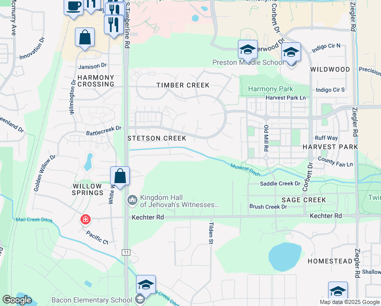 map of restaurants, bars, coffee shops, grocery stores, and more near 2320 Sweetwater Creek Drive in Fort Collins