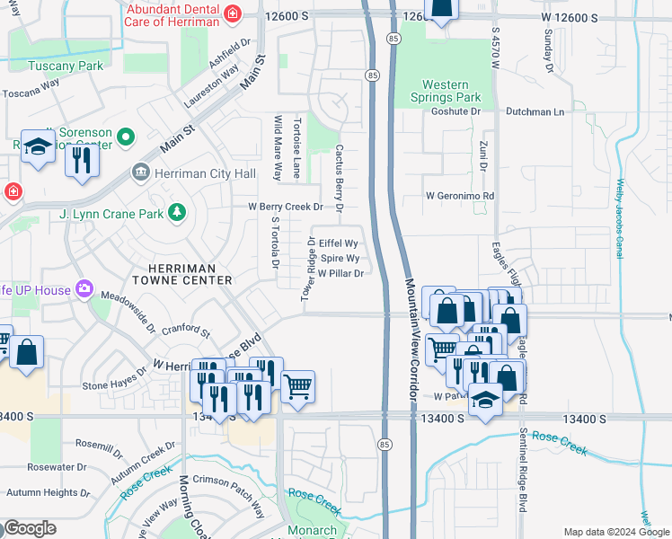 map of restaurants, bars, coffee shops, grocery stores, and more near 4909 Spire Way in Riverton