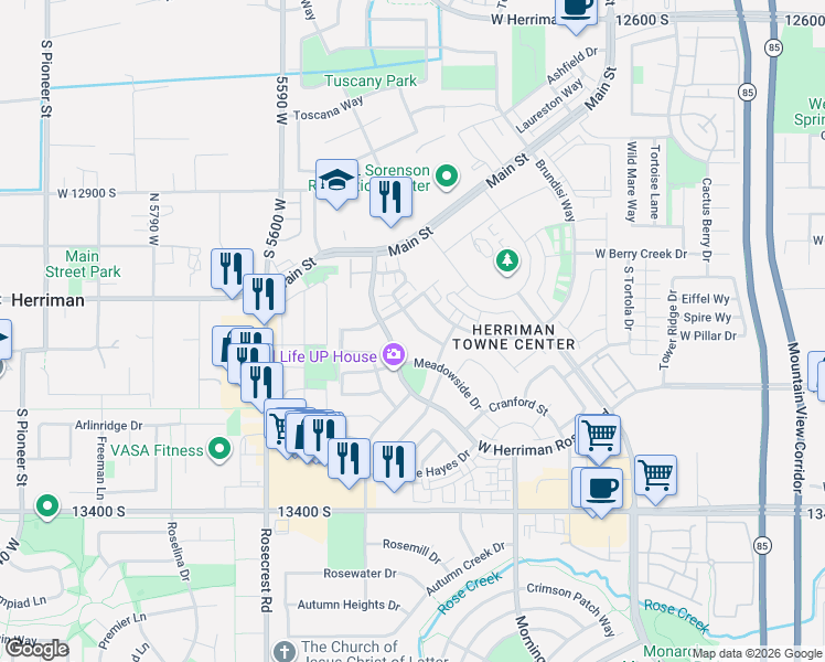 map of restaurants, bars, coffee shops, grocery stores, and more near 13143 Brickshire Lane in Herriman