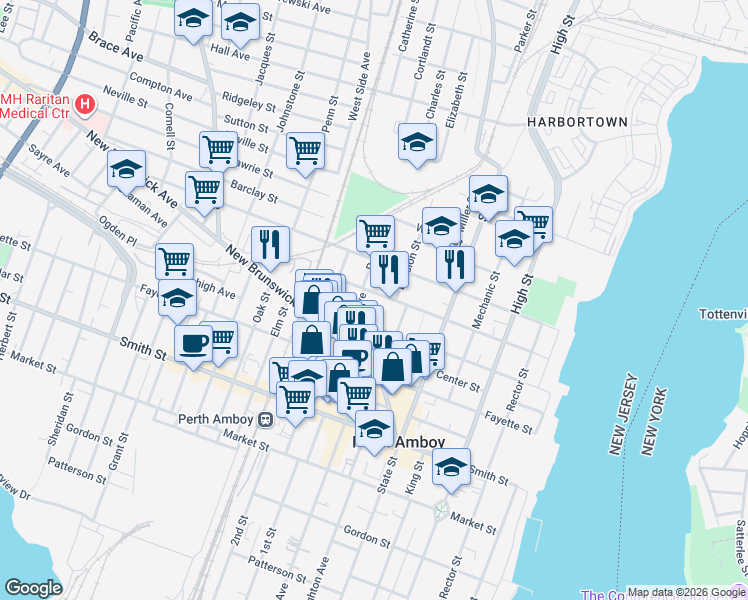 map of restaurants, bars, coffee shops, grocery stores, and more near 205 Broad Street in Perth Amboy