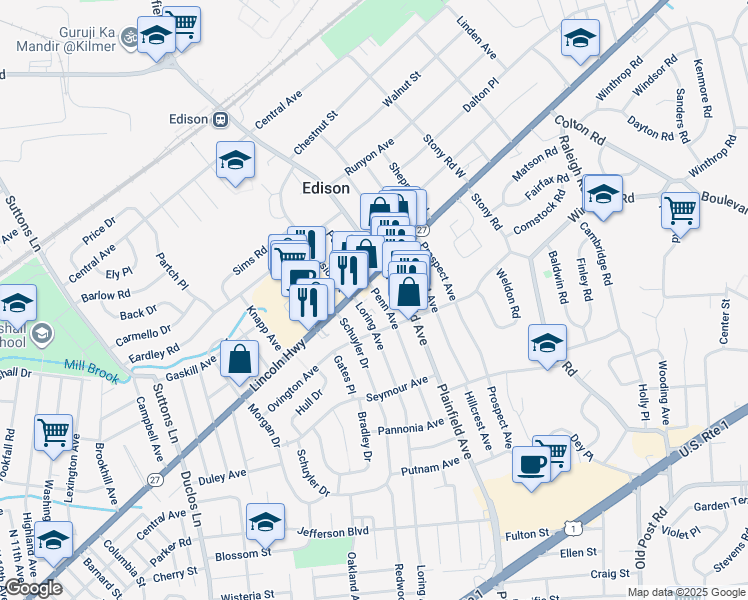 map of restaurants, bars, coffee shops, grocery stores, and more near 1795 New Jersey 27 in Edison