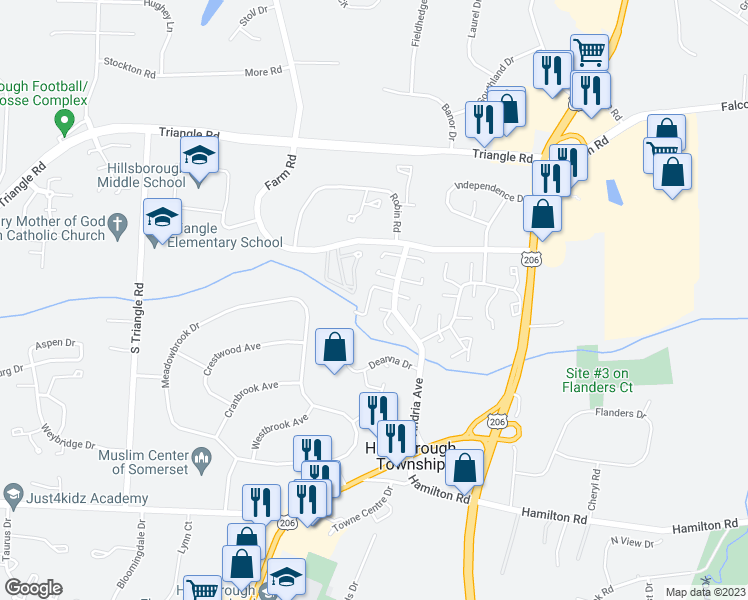 map of restaurants, bars, coffee shops, grocery stores, and more near 538 Andria Avenue in Hillsborough Township