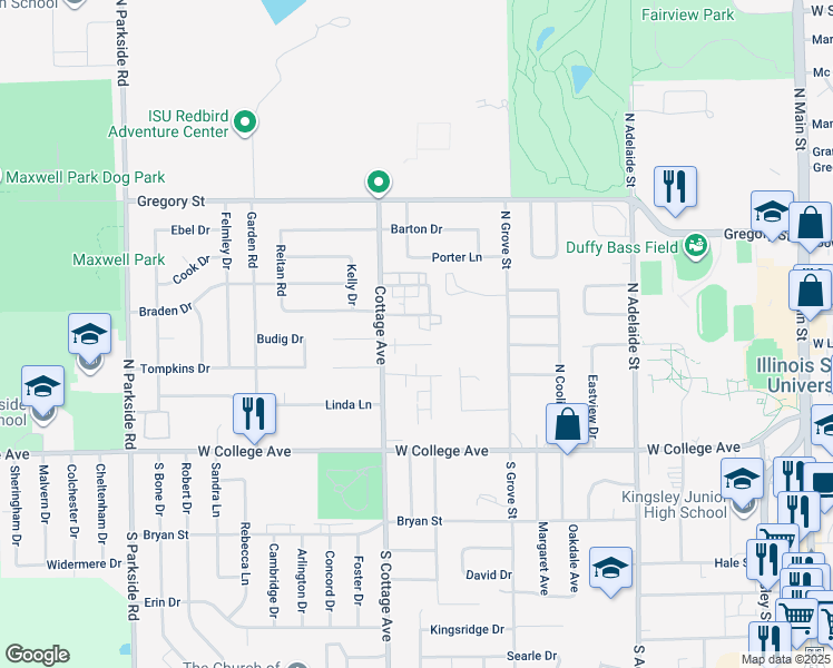 map of restaurants, bars, coffee shops, grocery stores, and more near 1503 Ensign Drive in Normal