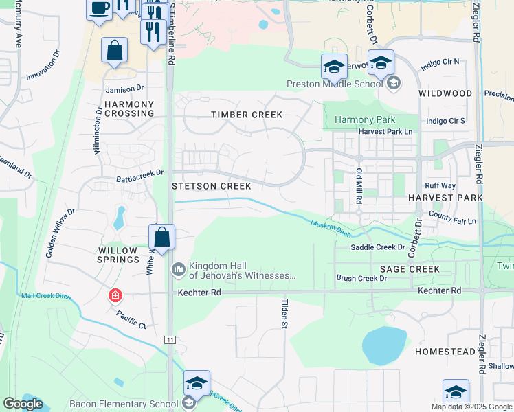 map of restaurants, bars, coffee shops, grocery stores, and more near 2320 Sweetwater Creek Drive in Fort Collins