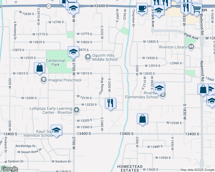 map of restaurants, bars, coffee shops, grocery stores, and more near 13078 South 2420 West in Riverton