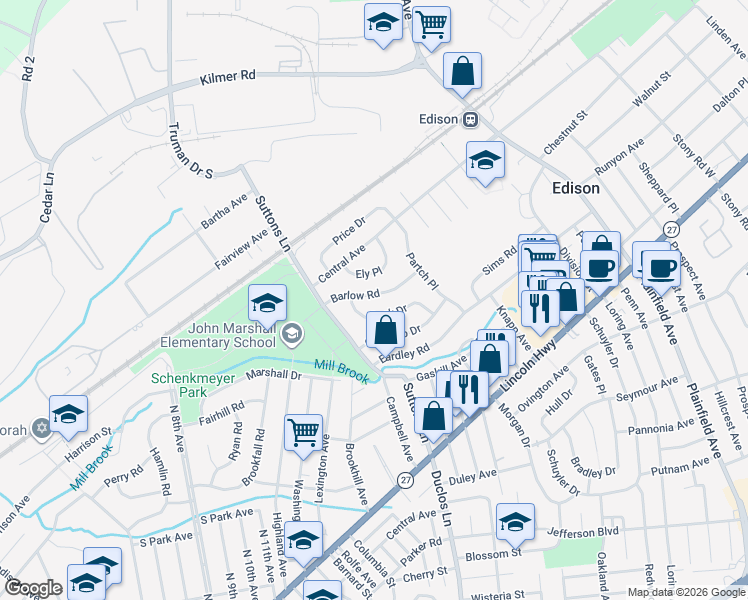 map of restaurants, bars, coffee shops, grocery stores, and more near 17 Barlow Road West in Edison