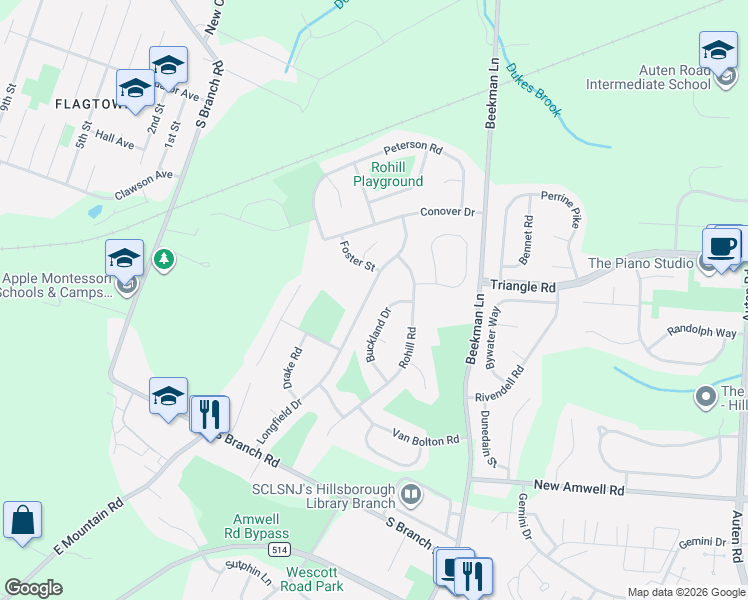 map of restaurants, bars, coffee shops, grocery stores, and more near 61 Longfield Drive in Somerset County
