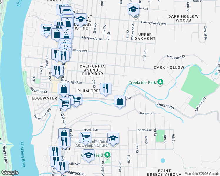 map of restaurants, bars, coffee shops, grocery stores, and more near 724 College Avenue in Oakmont