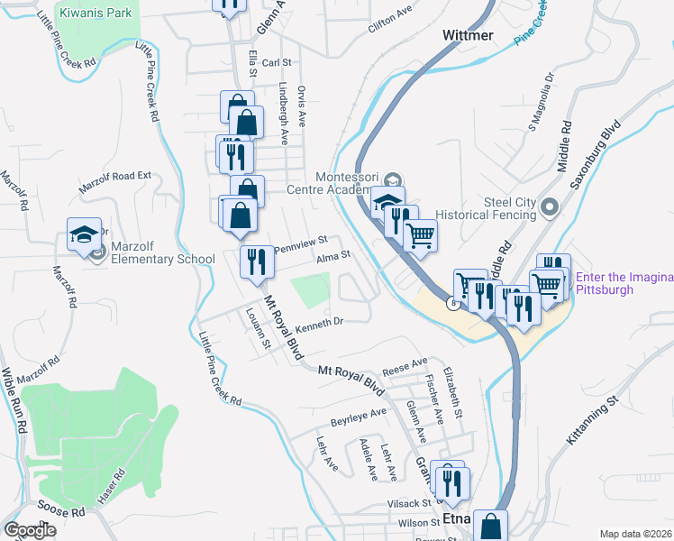 map of restaurants, bars, coffee shops, grocery stores, and more near 232 Alma Street in Pittsburgh