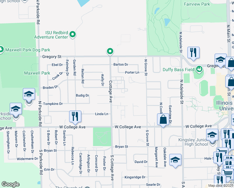 map of restaurants, bars, coffee shops, grocery stores, and more near 214 Cottage Avenue in Normal