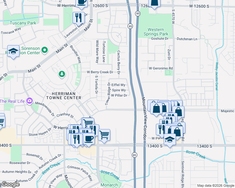 map of restaurants, bars, coffee shops, grocery stores, and more near 4909 Spire Way in Riverton