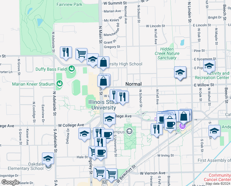 map of restaurants, bars, coffee shops, grocery stores, and more near 410 West Locust Street in Normal