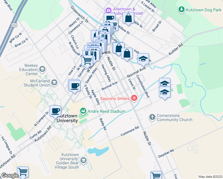 map of restaurants, bars, coffee shops, grocery stores, and more near 212 South Whiteoak Street in Kutztown