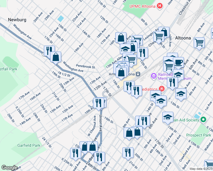 map of restaurants, bars, coffee shops, grocery stores, and more near 1105 16th Street in Altoona