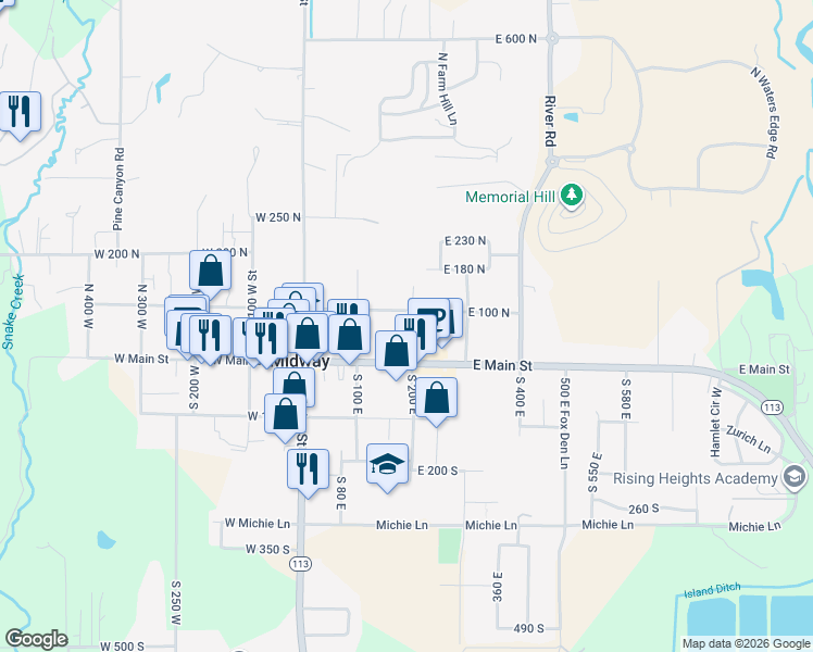 map of restaurants, bars, coffee shops, grocery stores, and more near 85 North 200 East in Heber City