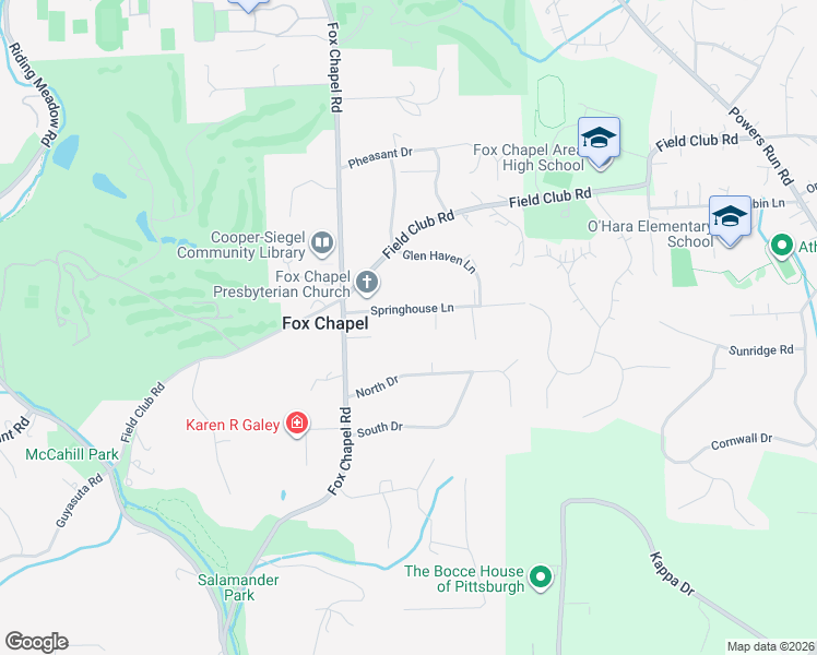 map of restaurants, bars, coffee shops, grocery stores, and more near 121 1/2 Springhouse Lane in Pittsburgh
