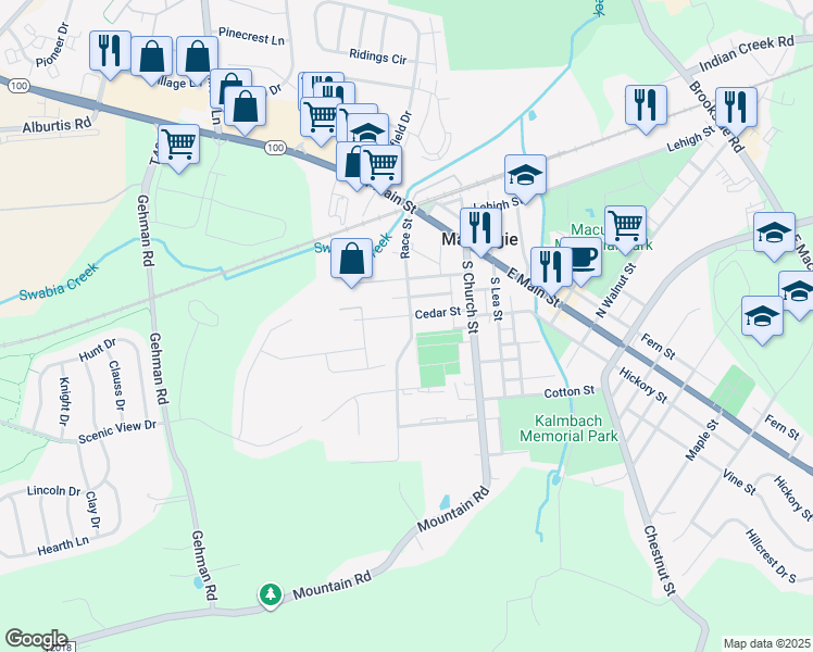 map of restaurants, bars, coffee shops, grocery stores, and more near 102 Cedar St in Macungie