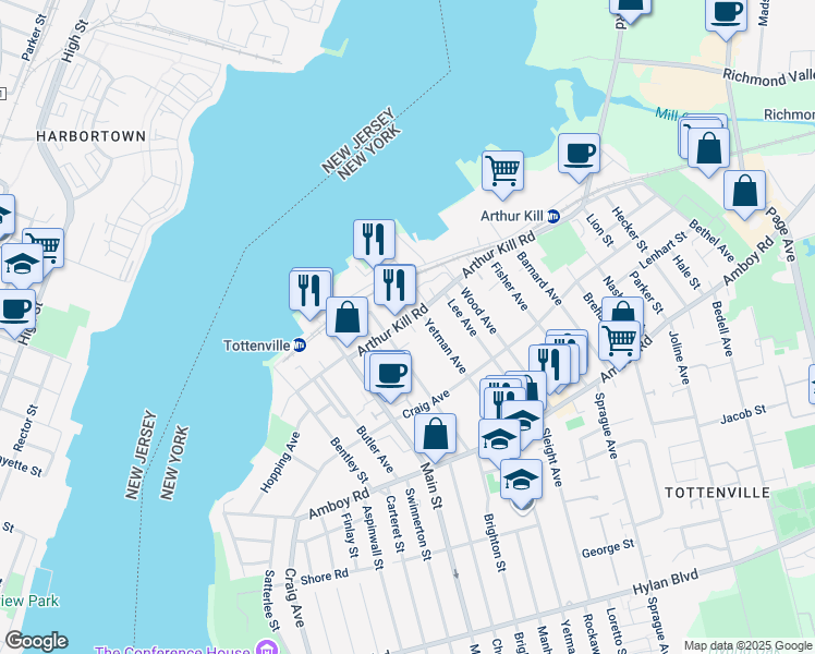 map of restaurants, bars, coffee shops, grocery stores, and more near 5368 Arthur Kill Road in Staten Island