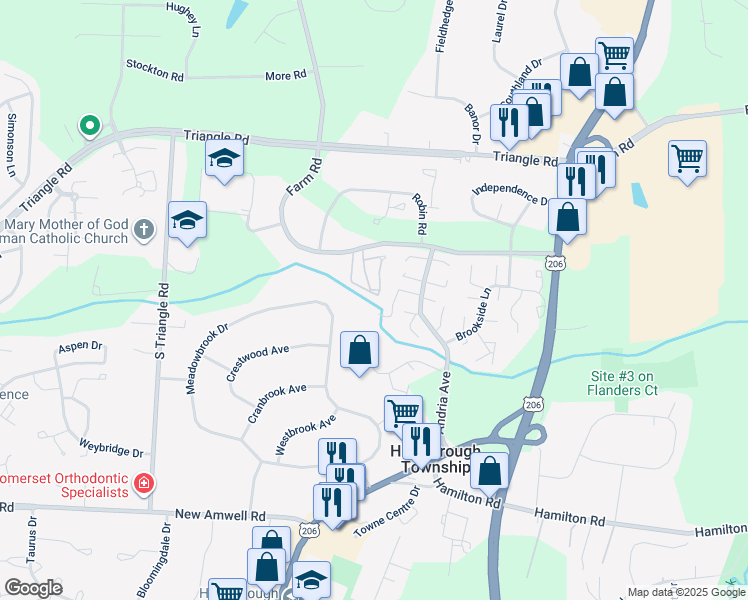 map of restaurants, bars, coffee shops, grocery stores, and more near 180 Wildflower Lane in Somerset County