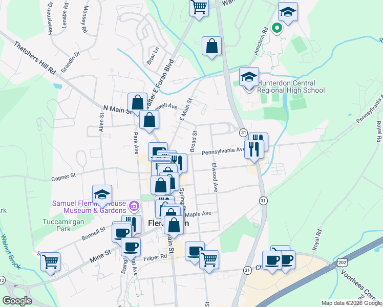 map of restaurants, bars, coffee shops, grocery stores, and more near 18 Pennsylvania Avenue in Flemington